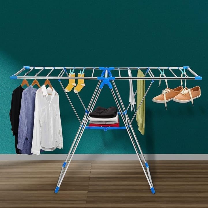 Harmony Home Foldable Stainless Steel Clothes Drying Rack | Multi-Tier Laundry Stand with Blue PVC Joints | Indoor & Outdoor - Image 1